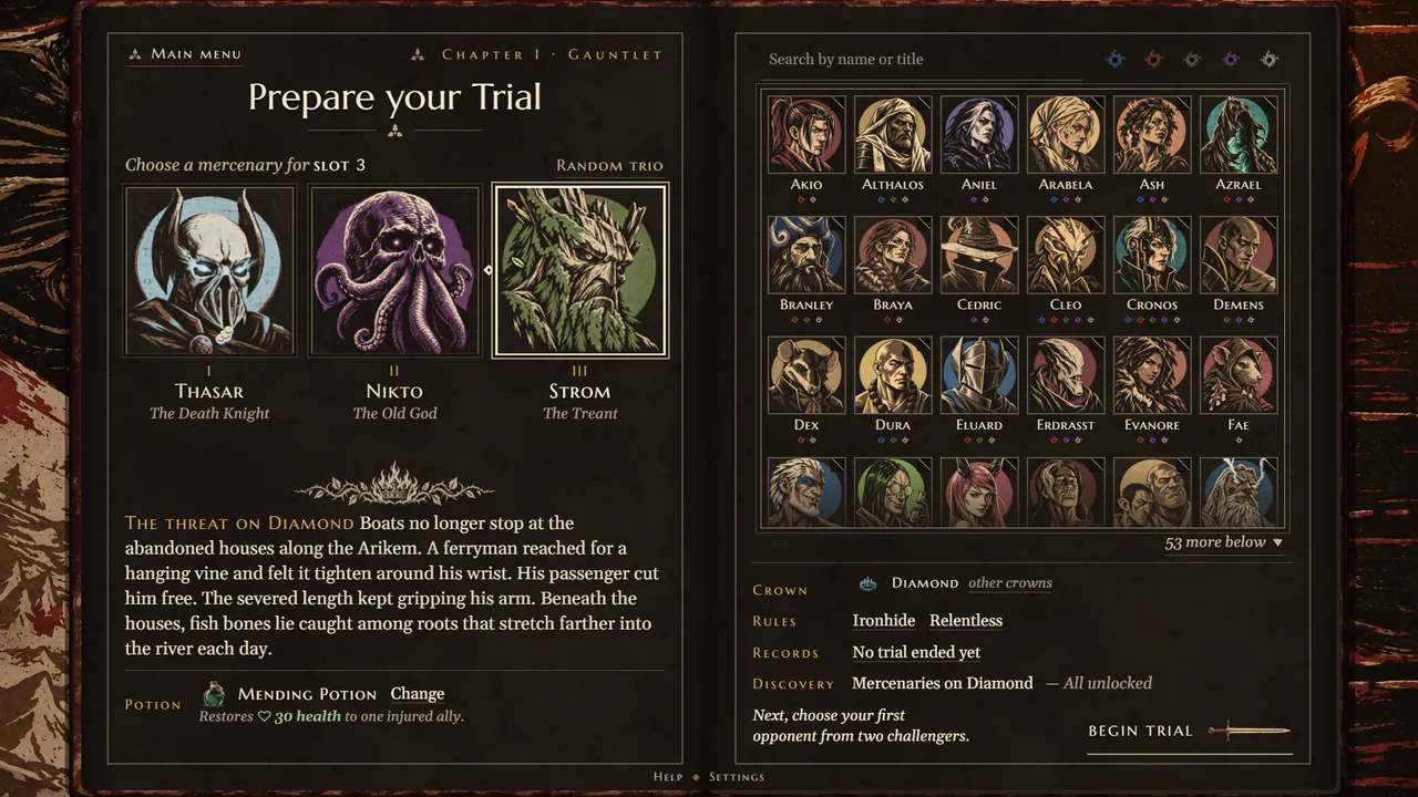 Preparing a trial: Thasar, Nikto and Strom chosen from a roster of mercenaries' portraits.