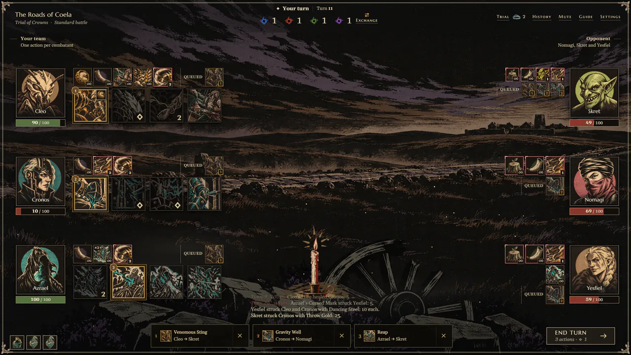 A duel: Cleo, Cronos and Azrael against Skret, Nomagi and Yesfiel, with three actions queued for the turn.