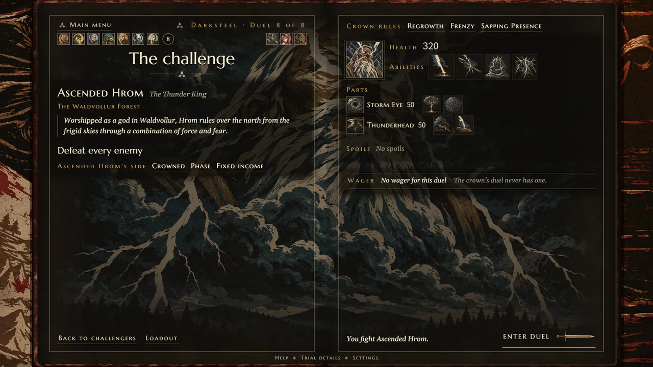 The Darksteel crown's last challenge: Ascended Hrom, the Thunder King, over a storm, with his health, his abilities and the rules his duel adds.